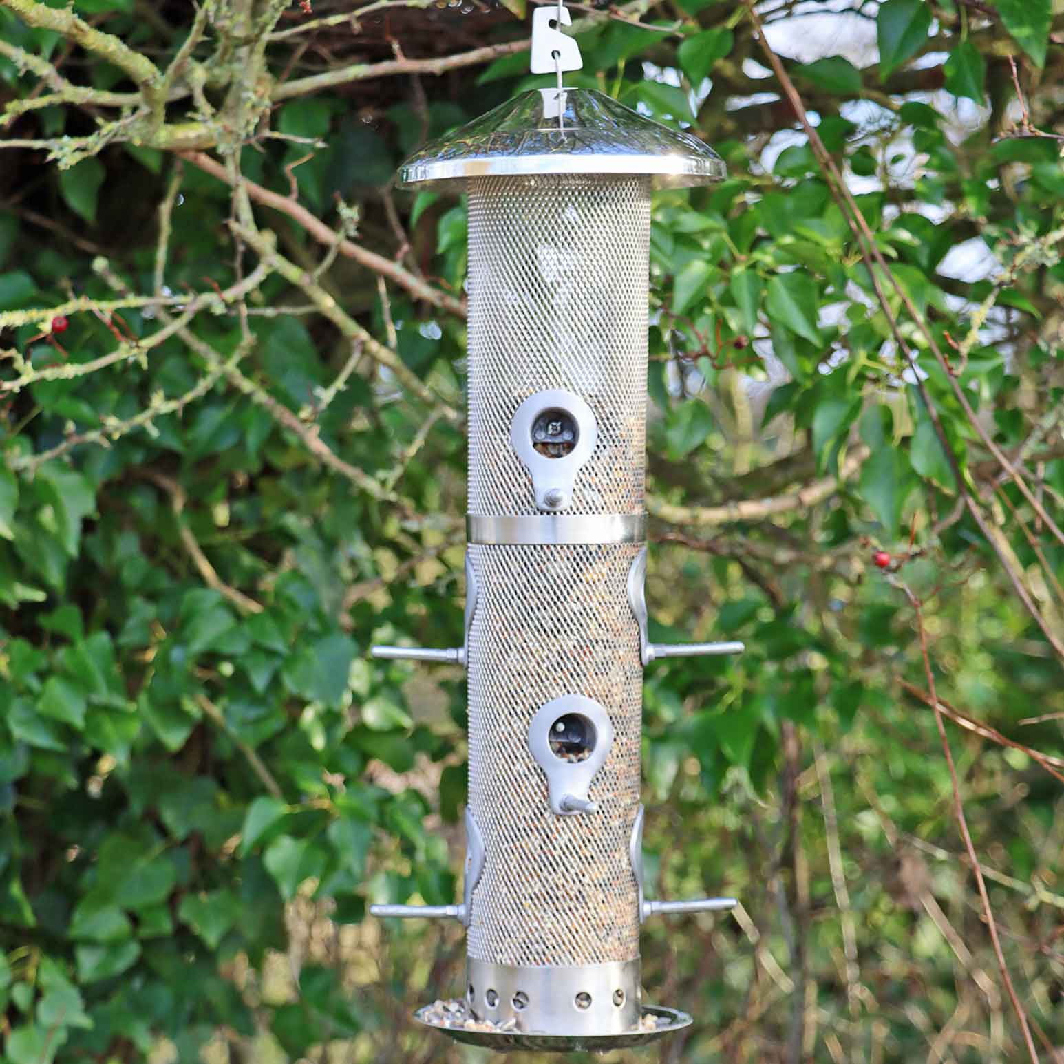 Vogelfutterspender aus Edelstahl